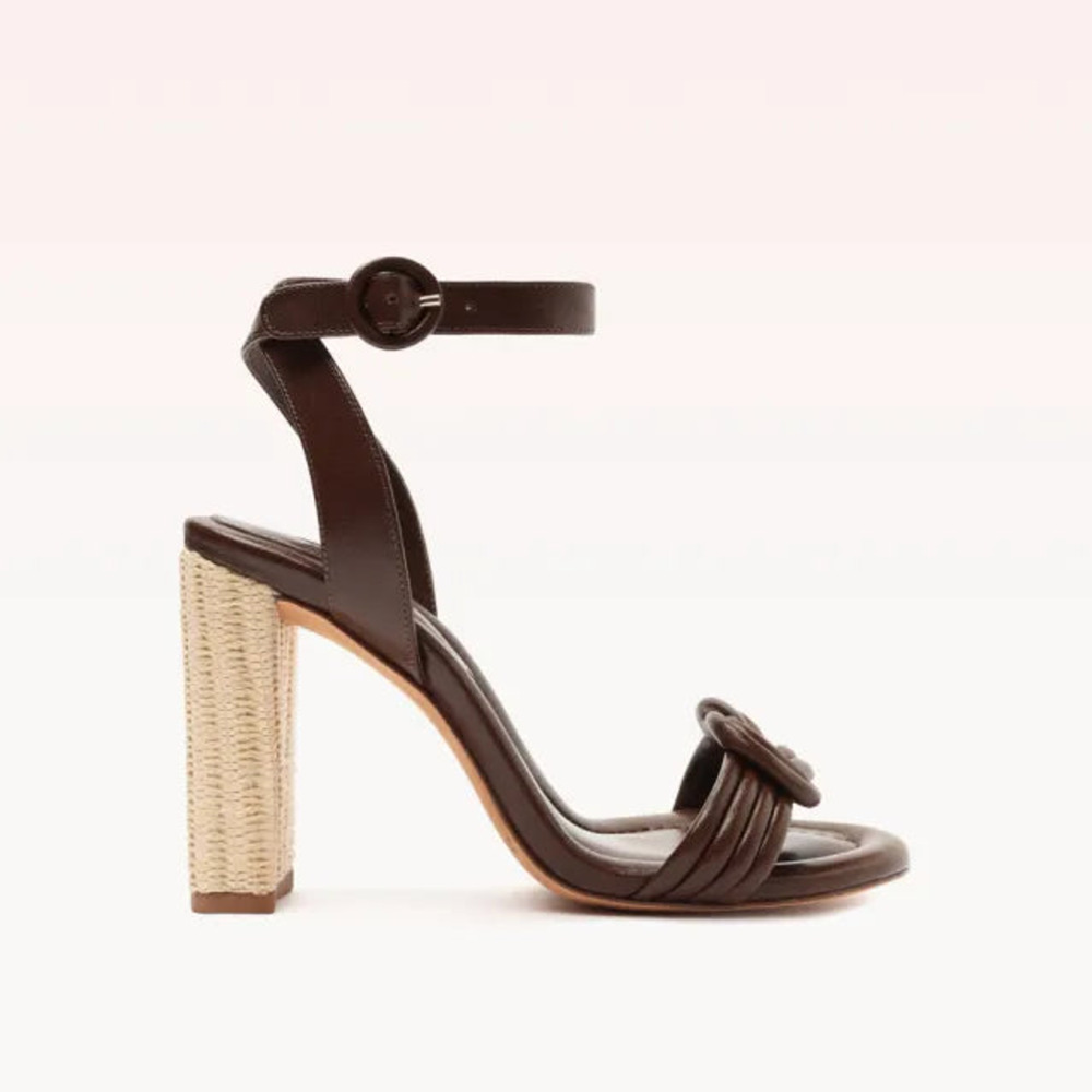 Alexandre Birman Leather Knotted & Raffia Block Heel Strappy Sandals Brown EU 39
